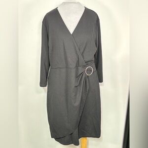 Luxology Faux Wrap Rhinestone Buckle Dress Womens 3/4 Sleeve Knee Length Size XL